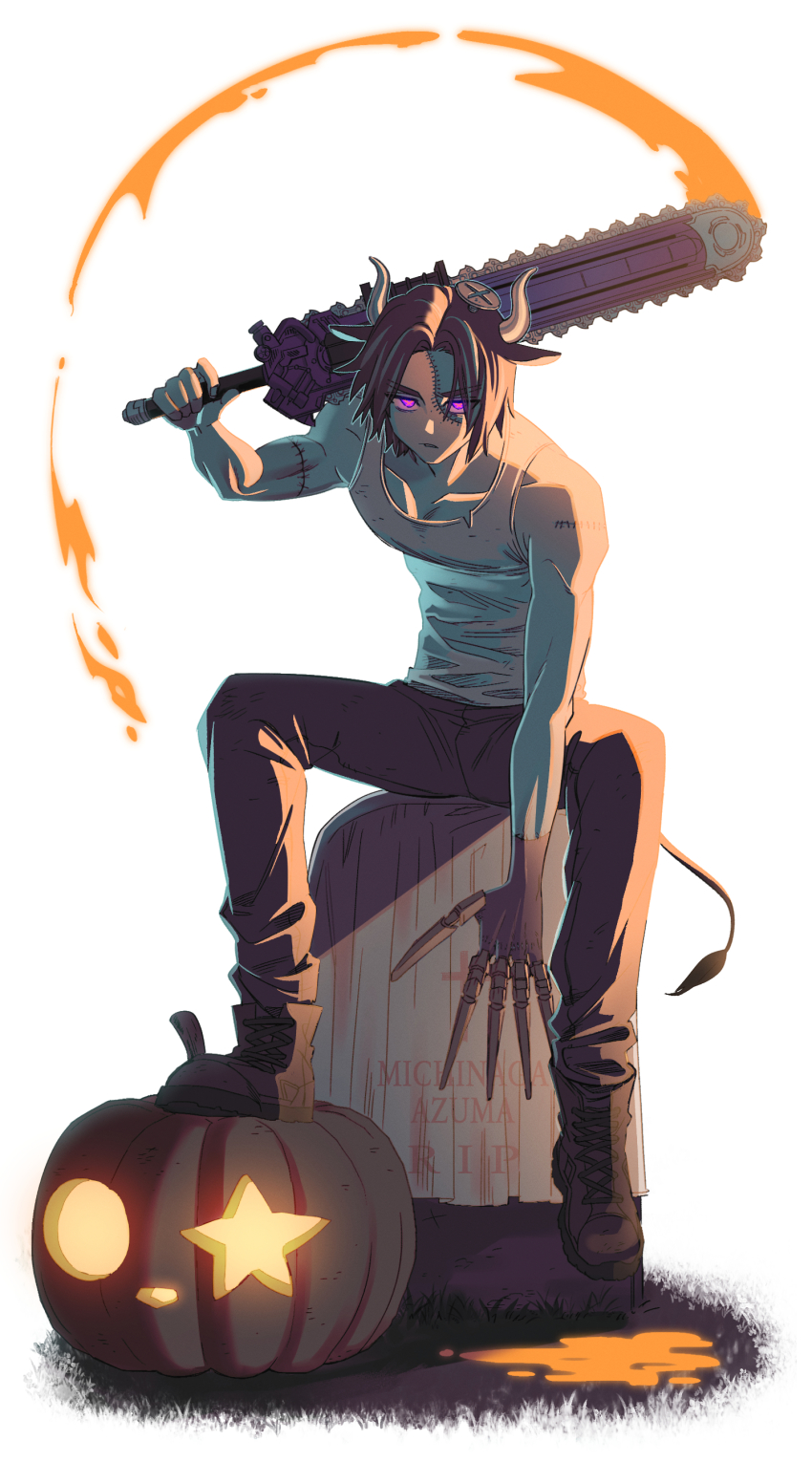 1boy absurdres animal_ears azuma_michinaga bare_shoulders black_footwear bolt_(hardware) boots buffalo chainsaw character_name claws cow_ears dongwook_exd glowing glowing_eyes halloween highres holding holding_behind_back holding_sword holding_sword_behind_back holding_weapon holding_weapon_behind_back horns jack-o&#039;-lantern kamen_rider kamen_rider_buffa kamen_rider_geats_(series) kamen_rider_punkjack korean_commentary long_fingers looking_at_viewer mechanical_hands monster_boy pants shadow single_mechanical_hand sitting star_(symbol) stitched_arm stitched_face stitches sword tail tank_top tombstone water_buffalo weapon white_tank_top zombie zombie_breaker