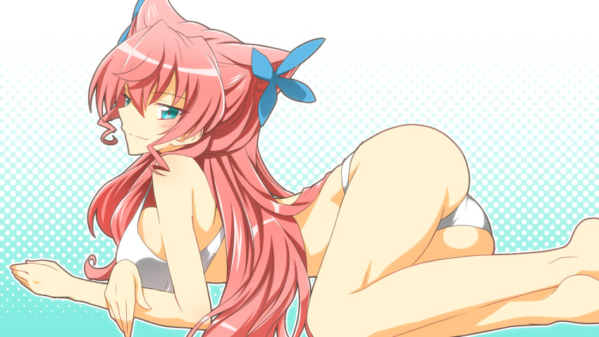 1girl ass bikini blue_eyes blush breasts hair_between_eyes hair_ornament highres large_breasts long_hair looking_at_viewer maria_cadenzavna_eve pink_hair senki_zesshou_symphogear sideboob smile solo swimsuit very_long_hair white_bikini yuto_(dialique)