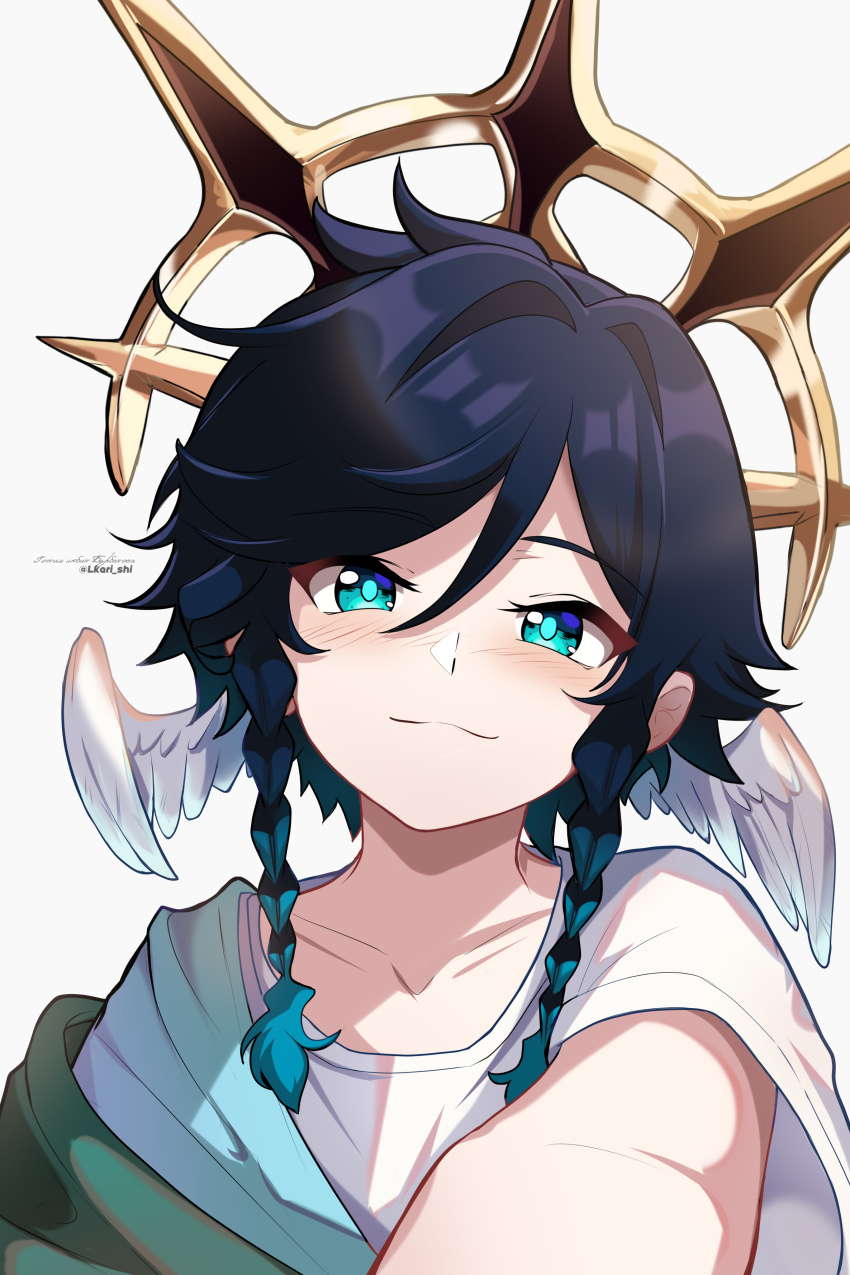 1boy absurdres aqua_hair black_hair blush braid closed_mouth company_connection cosplay genshin_impact gradient_hair halo head_wings highres honkai:_star_rail honkai_(series) lkari_shi looking_at_viewer male_focus mihoyo multicolored_hair shirt smile solo sunday_(honkai:_star_rail) sunday_(honkai:_star_rail)_(cosplay) t-shirt twin_braids venti_(genshin_impact) white_background white_shirt wings