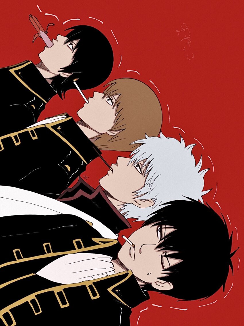 4boys ascot black_hair brown_hair cigarette food gintama grey_hair highres hijikata_toushirou male_focus military military_uniform mouth_hold multiple_boys negishings okita_sougo one_eye_closed pocky red_background sakata_gintoki shinsengumi_(gintama) white_ascot yamazaki_sagaru