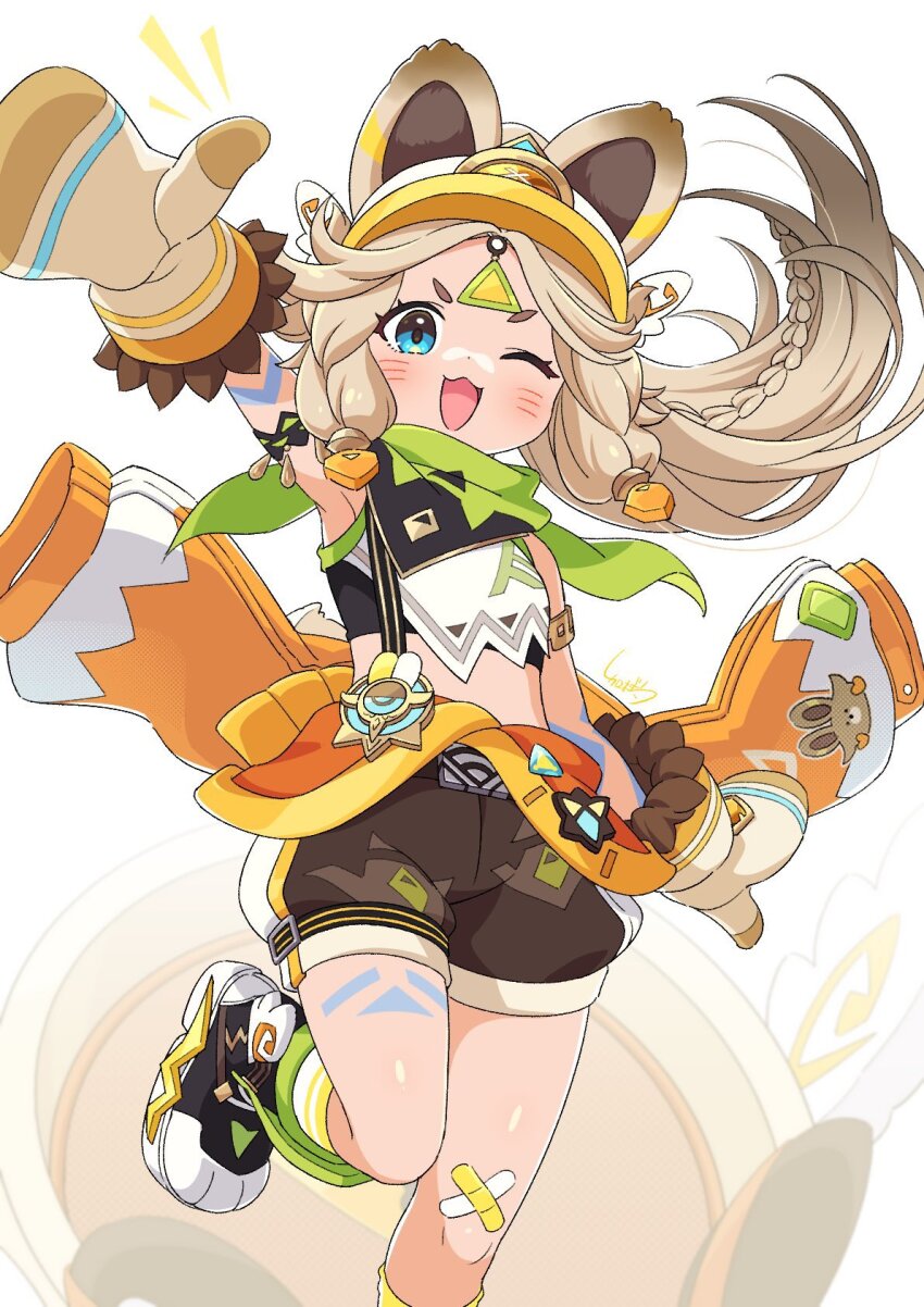1girl ;3 ;d animal_ears arm_tattoo arm_up armlet artist_name bandaid bandaid_on_leg bandana bandana_around_neck black_boots black_shirt blue_eyes blush boots braid braided_sidelocks brown_hair brown_shorts chinchilla_ears chinchilla_girl chinchilla_tail clothes_around_waist commentary_request crop_top crossed_bandaids dark-skinned_female dark_skin eyelashes floating_hair fur-trimmed_mittens fur_trim genshin_impact green_bandana high_ponytail highres jewelry kachina_(genshin_impact) kamuraaa_615 leg_tattoo leg_up long_hair looking_at_viewer mittens notice_lines one_eye_closed open_mouth parted_bangs paw_shoes ponytail puffy_shorts shirt short_eyebrows short_shorts shorts signature simple_background sleeveless sleeveless_shirt smile solo tail tattoo visor_cap white_background white_mittens white_shirt
