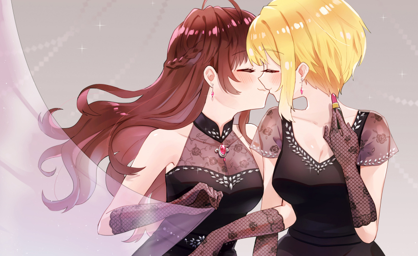 2girls ahoge bare_shoulders black_dress blush breasts brown_hair chinese_commentary cleavage closed_eyes collarbone commentary_request cosmetics crazy_crazy_(idolmaster) curtain_grab curtains dress earrings elbow_gloves fishnet_gloves fishnets gloves highres holding holding_lipstick_tube ichinose_shiki idolmaster idolmaster_cinderella_girls jewelry kiss lipstick_tube long_hair medium_breasts miyamoto_frederica multiple_girls qi&#039;e_(penguin) see-through_clothes see-through_cleavage short_sleeves sleeveless sleeveless_dress smile wavy_hair yuri