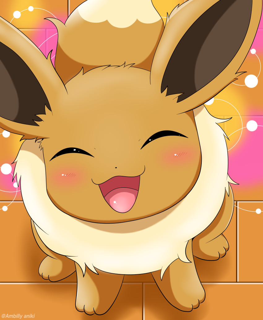 :3 absurdres blush closed_eyes eevee full_body gen_1_pokemon highres looking_at_viewer nintendo no_humans open_mouth pokemon pokemon_(creature) sitting smile solo tail user_yjgk7222