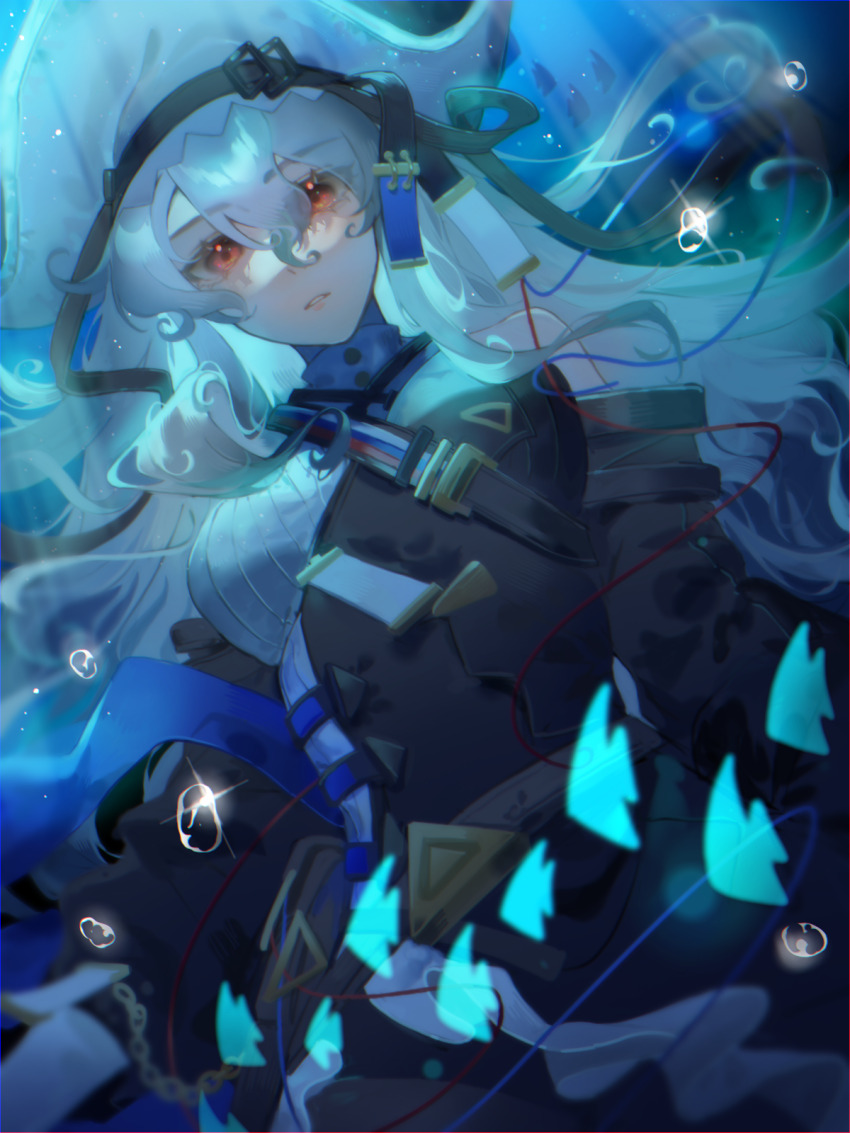 1girl arknights bare_shoulders black_dress breasts detached_sleeves dress ender_xiaohai fish hair_between_eyes hat highres long_hair looking_at_viewer parted_lips red_eyes solo specter_(arknights) specter_the_unchained_(arknights) teeth underwater upper_body white_hair