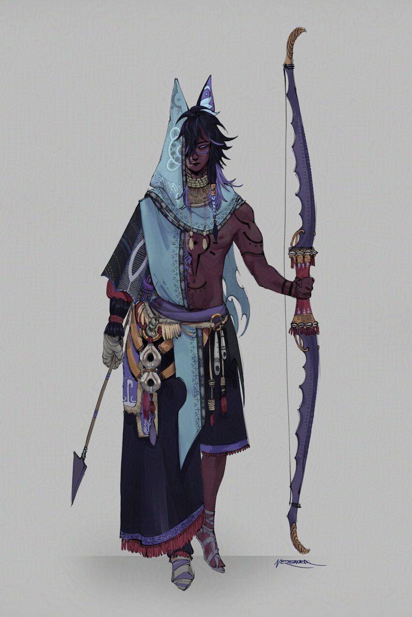 1boy absurdres african_clothes animal_ear_fluff animal_ears arrow_(projectile) bandages blue_hair bow bow_(weapon) braid dark-skinned_male dark_skin genshin_impact highres male_focus nigerian_clothes ororon_(genshin_impact) pointy_ears redesign single_braid skirt slippers versavea very_dark_skin weapon