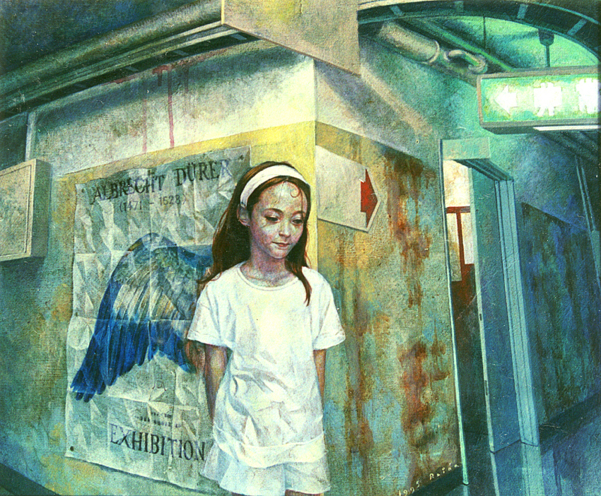 1990s_(style) 1995 1girl angel black_hair female_focus hairband hallway hashimoto_reina highres original realistic retro_artstyle school solo wings