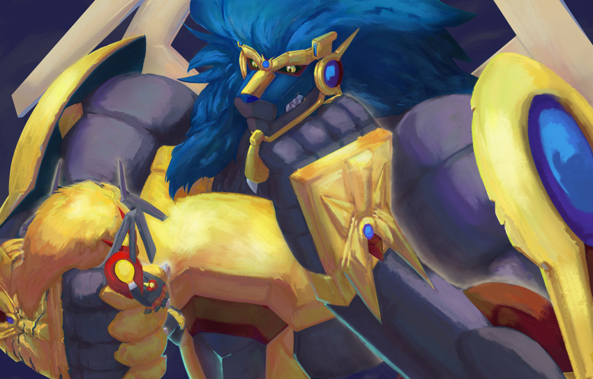 apollomon apollomon_whispered armor blonde_hair blue_hair dark_persona digimon dual_persona highres lion sharp_teeth teeth
