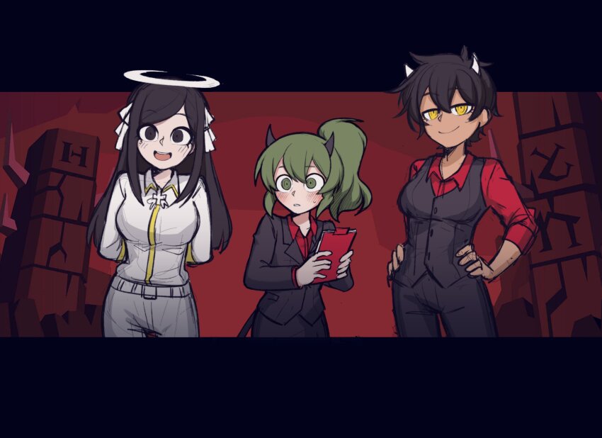 3girls angel black_eyes black_hair blush breasts commentary demon_girl demon_horns english_commentary green_eyes green_hair halo helltaker highres horns igarashi_futaba kurobe_natsumi large_breasts medium_hair multiple_girls office_lady panqlao ponytail red_shirt sakurai_touko senpai_ga_uzai_kouhai_no_hanashi shirt short_hair white_horns