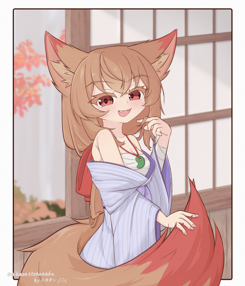 1girl absurdres animal_ear_fluff animal_ears arm_up autumn_leaves bandaged_arm bandages blurry blurry_background border breasts brown_hair bush cleavage commentary_request cowboy_shot crossed_bangs fang fox_ears fox_girl fox_tail highres holding_own_tail jewelry leaf light_blush long_sleeves looking_at_viewer magatama magatama_necklace medium_breasts medium_hair necklace nikaon object_request off_shoulder original outdoors purple_robe red_eyes robe sarashi shouji sliding_doors smile solo tail tail_wrap tree twirling_hair twitter_username white_border wide_sleeves