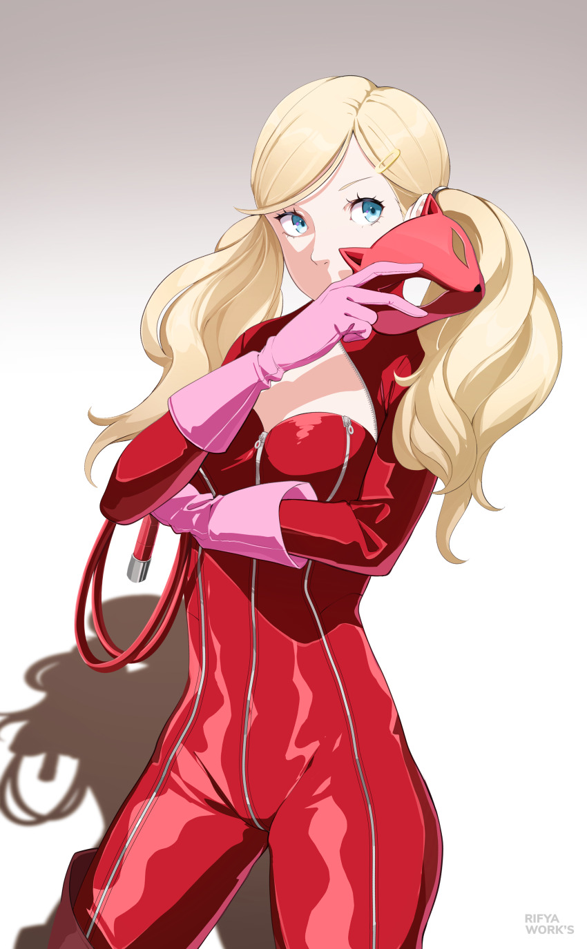 1girl absurdres blonde_hair blue_eyes bodysuit breasts cat_mask cowboy_shot gloves gradient_background hair_ornament hairclip highres holding holding_mask holding_whip long_hair mask persona persona_5 pink_gloves red_bodysuit rifyaa shadow solo swept_bangs takamaki_anne twintails wavy_hair whip white_background