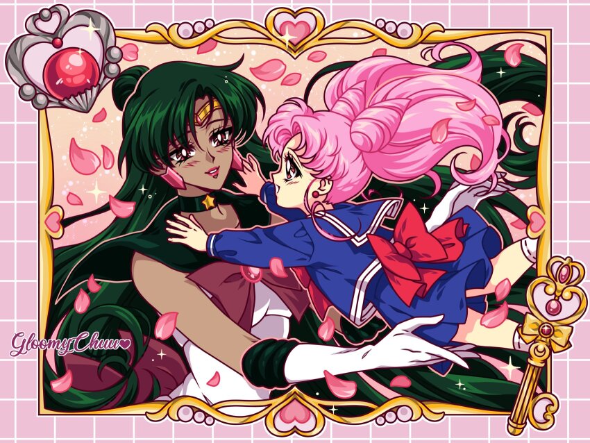 2girls bishoujo_senshi_sailor_moon black_choker bow chibi_usa choker cone_hair_bun dark-skinned_female dark_skin double_bun earrings elbow_gloves garnet_rod gloves green_hair hair_bun hair_ornament highres holding hug jewelry lips long_hair magical_girl meiou_setsuna mroczniak_(gloomy_chuu) multiple_girls pink_hair red_bow red_eyes sailor_collar sailor_pluto sailor_senshi_uniform short_hair single_hair_bun skirt smile twintails white_gloves