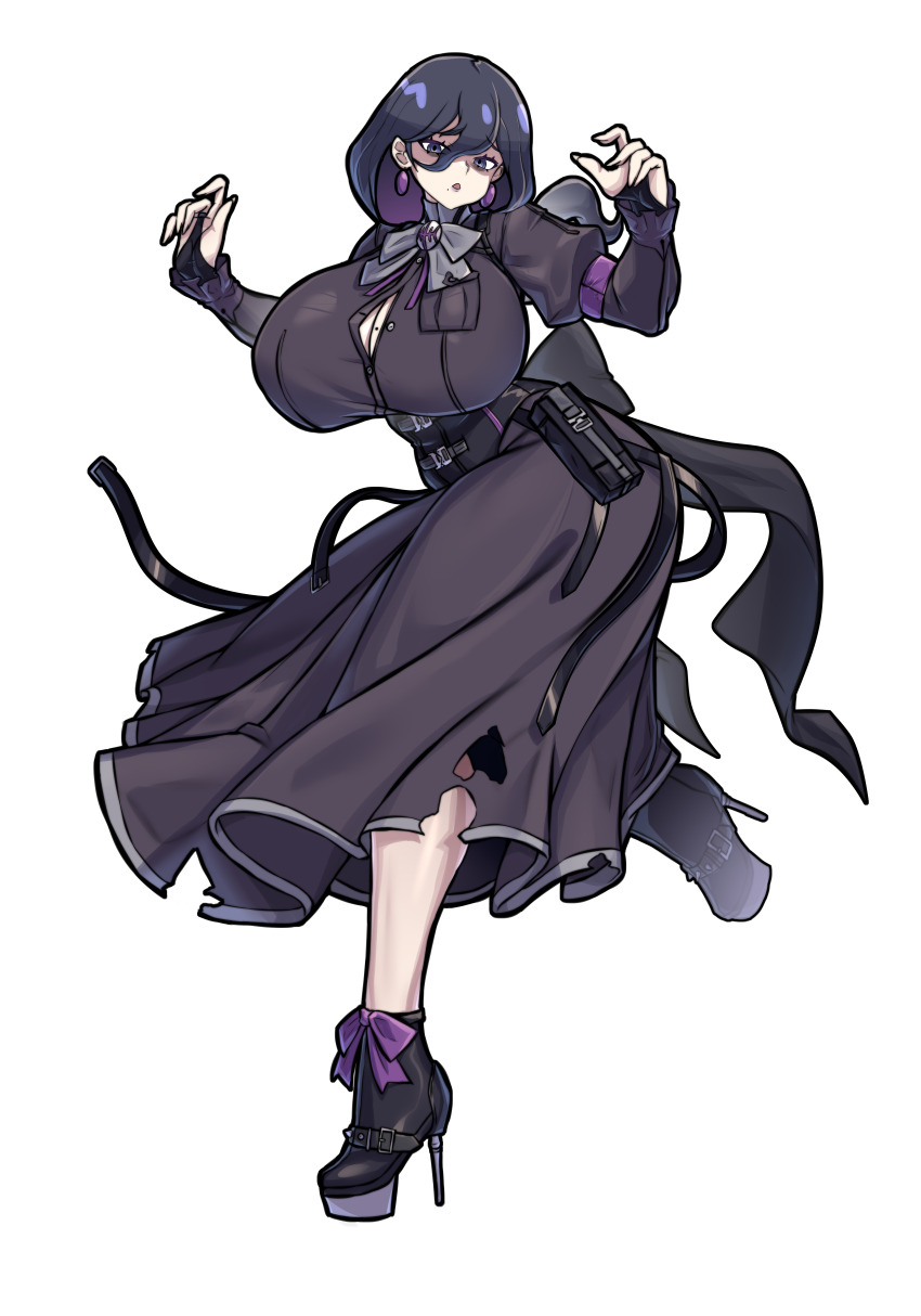 1girl @_@ absurdres belted black_eyes black_hair blush boots breasts corset dress ghost hex_maniac_(pokemon) hex_maniac_(pokemon_legends:_z-a) high_heel_boots high_heels highres huge_breasts jewelry large_breasts long_hair long_sleeves mature_female mold_(pixiv6616319) nail_polish nintendo open_mouth pokemon pokemon_legends:_z-a puffy_sleeves purple_nails purple_ribbon ribbon standing