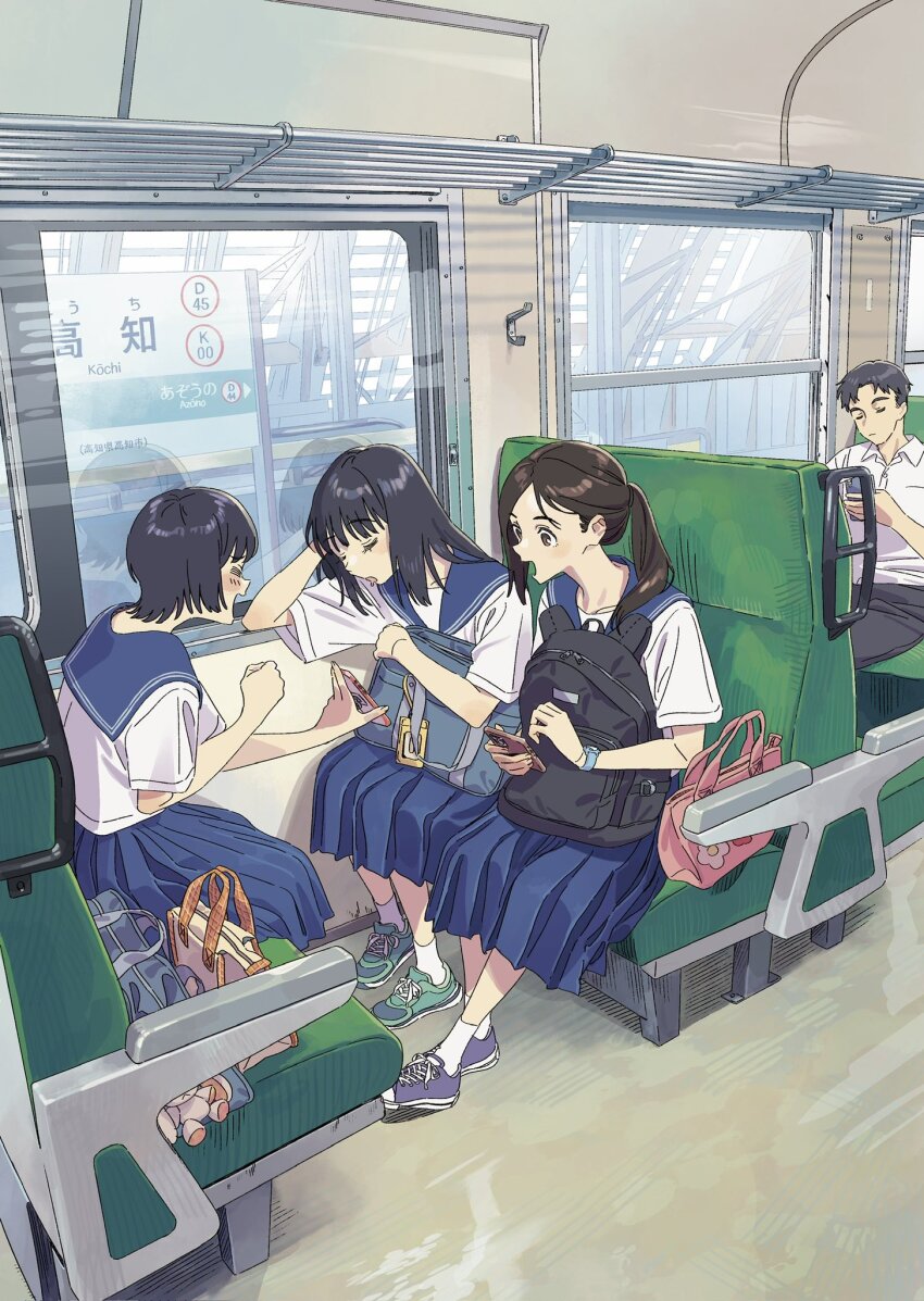 1boy 3girls bag bag_charm blue_sailor_collar blue_shoes blue_skirt blush brown_eyes brown_hair cellphone charm_(object) closed_eyes commentary green_shoes highres holding holding_bag kariya_(kry_aia) laughing long_skirt looking_at_phone multiple_girls original phone pleated_skirt ponytail sailor_collar school_bag school_uniform serafuku shoes short_hair sitting skirt sleeping slice_of_life smartphone smile sneakers socks talking train train_interior white_serafuku white_socks