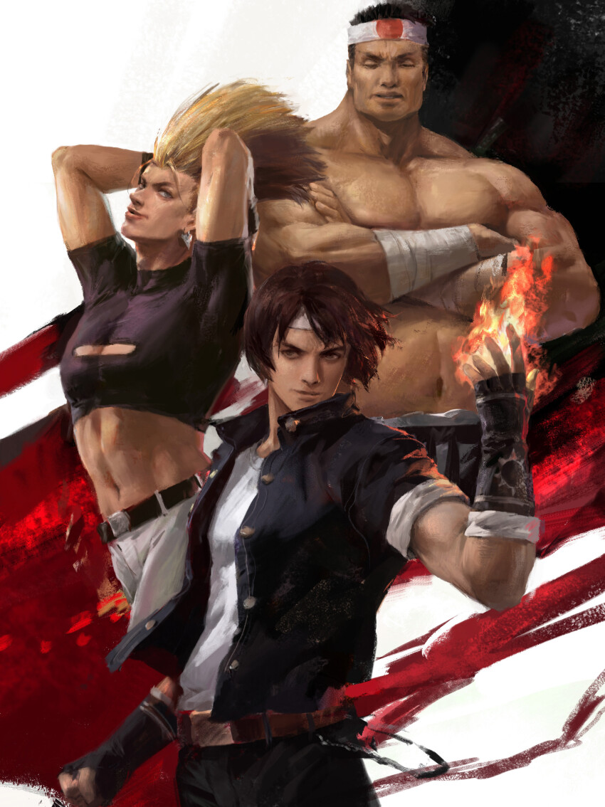 3boys absurdres black_hair black_jacket blonde_hair closed_eyes commentary daimon_gorou fire highres jacket kusanagi_kyou long_hair male_focus mazert_young multiple_boys nikaidou_benimaru short_hair short_sleeves the_king_of_fighters