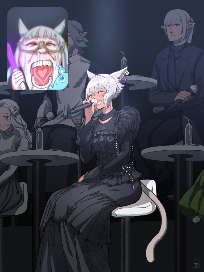 2boys 3girls :&gt; absurdres alternate_costume animal_ears artemi_lunavorsa black_dress bottle cat_ears closed_eyes closed_mouth coat contemporary crying dark-skinned_female dark_skin dress drinking_straw drooling earrings elezen elf estinien_varlineau excited facial_hair facial_mark fan_screaming_at_madison_beer_(meme) final_fantasy final_fantasy_xiv glasses glowstick grey_hair half-closed_eyes hand_rest hand_up hashtag-only_commentary highres hjz_(artemi) holding holding_glowstick holding_microphone inset jewelry long_hair long_sleeves meme microphone miqo&#039;te multiple_boys multiple_girls music neck_tattoo necktie on_stool open_mouth pants pointy_ears screaming semi-rimless_eyewear short_hair singing sitting skirt smile snot stool streaming_tears table tattoo tears under-rim_eyewear urianger_augurelt venat_(ff14) wariza warrior_of_light_(ff14) whisker_markings y&#039;shtola_rhul