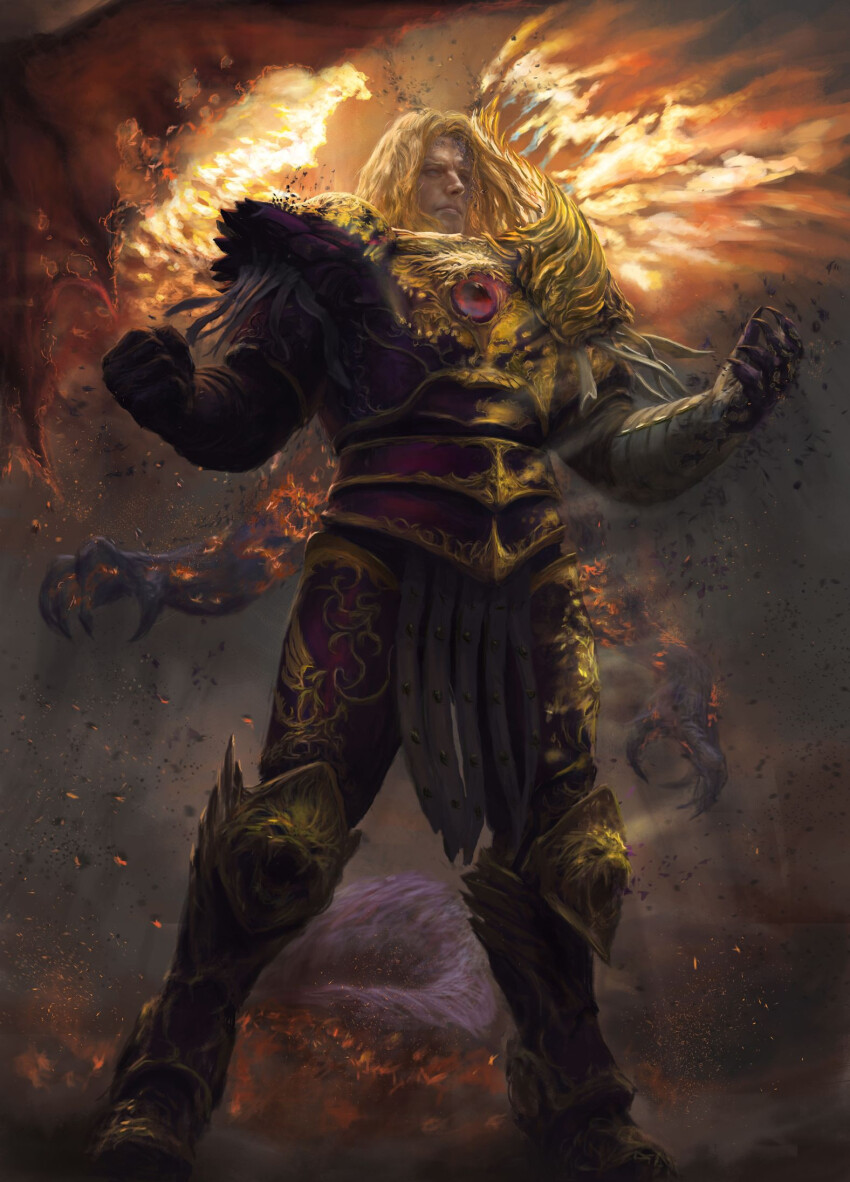 1boy alex_cristi aquila_(symbol) armor blonde_hair burning_armor clenched_hand demon_wings emperor&#039;s_children fiery_wings fulgrim full_body glowing_armor highres imperial_aquila lion_head_(ornament) male_focus primarch purple_armor the_gilded_panoply transformation warhammer_40k wings