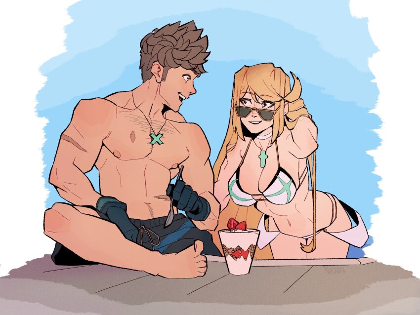 1boy 1girl aged_up bikini blonde_hair breasts brown_hair couple dating glasses highres husband_and_wife large_breasts muscular muscular_male mythra_(xenoblade) rex_(xenoblade) round_eyewear scar swimsuit xenoblade_chronicles_(series) xenoblade_chronicles_2 xenoblade_chronicles_3 yuujin_a