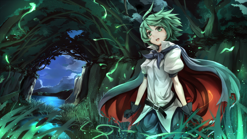 1girl antennae asutora belt black_gloves bug cape cloud cloudy_sky female_focus fireflies firefly floating_hair gloves grass green_eyes green_hair highres insect matching_hair/eyes night night_sky puffy_short_sleeves puffy_sleeves shirt short_hair short_sleeves sky solo touhou water white_shirt wind wriggle_nightbug