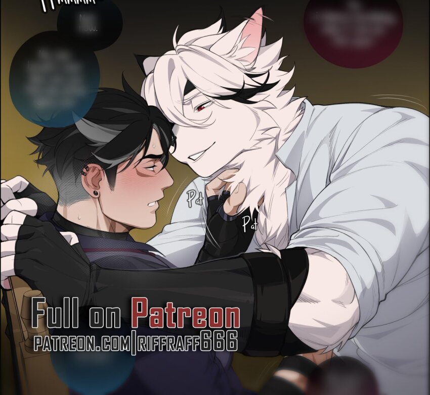 2boys animal_ears black_gloves black_shirt blush censored chair colored_tips commentary cropped english_commentary fingerless_gloves furry furry_male genshin_impact gloves looking_at_another male_focus mosaic_censoring multicolored_hair multiple_boys necktie paid_reward_available patreon_username red_eyes red_necktie riffraffhellyea shirt sitting smile sound_effects speech_bubble sweat von_lycaon white_shirt wolf_boy wolf_ears wriothesley_(genshin_impact) zenless_zone_zero