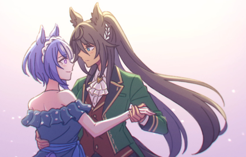 2girls akamirai alternate_costume animal_ears ascot black_hair blue_dress blue_eyes blue_hair braid cesario_(umamusume) collared_shirt crown_braid dancing dark-skinned_female dark_skin dress green_jacket hair_ornament horse_ears horse_girl horse_tail jacket long_hair looking_at_another multicolored_hair multiple_girls off-shoulder_dress off_shoulder purple_eyes shirt short_hair smile symboli_kris_s_(umamusume) tail two-tone_hair umamusume white_ascot white_hair white_shirt