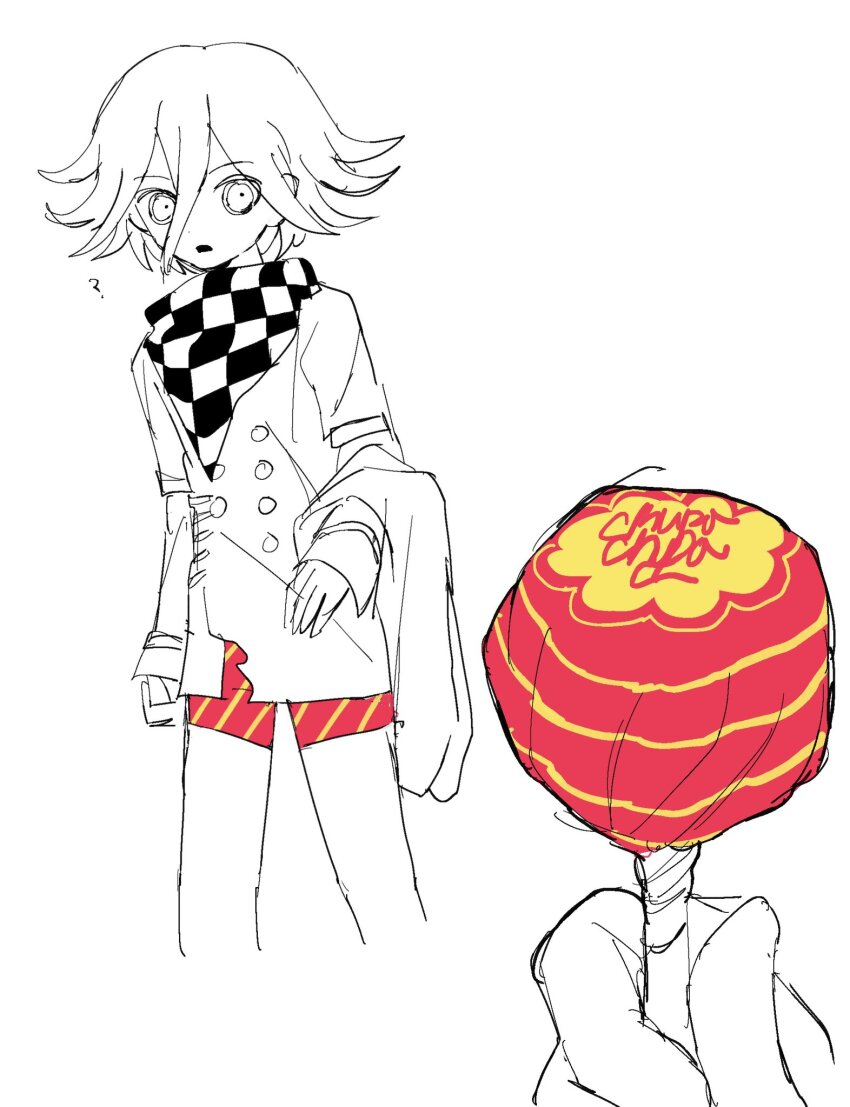 1boy ? boxer_briefs buttons candy checkered_clothes checkered_scarf chupa_chups commentary danganronpa_(series) danganronpa_v3:_killing_harmony flipped_hair food hair_between_eyes highres holding holding_candy holding_food holding_lollipop lollipop long_sleeves male_focus male_underwear medium_hair oma_kokichi open_mouth pants partially_colored pov pov_hands ringed_eyes scarf short_hair simple_background sketch spot_color two-tone_scarf underwear unworn_pants waguwagu090908 white_background