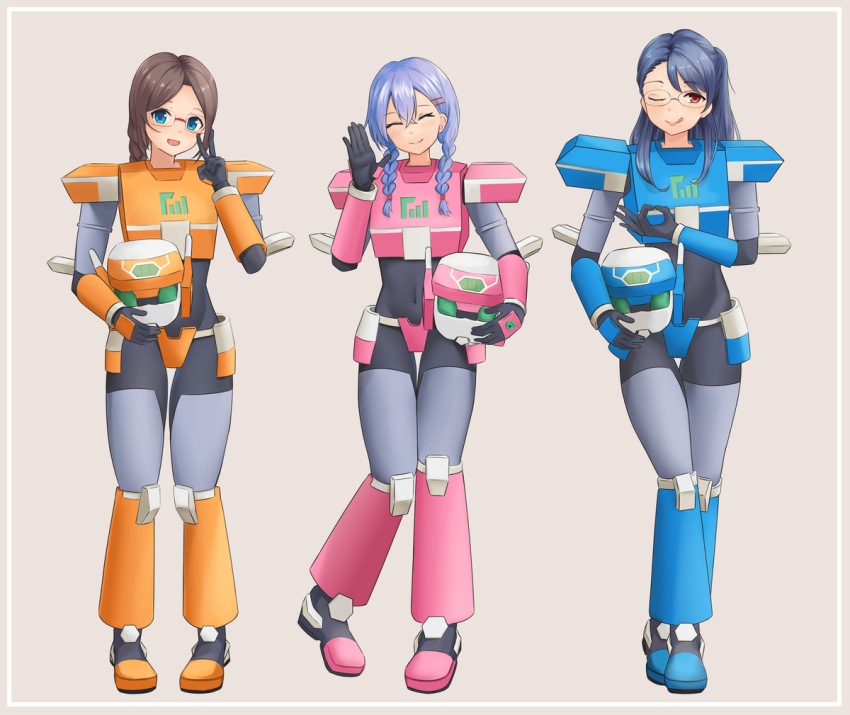 3girls ;p armor artist_request black_bodysuit black_gloves blue_armor blue_boots blue_eyes blue_hair blue_helmet bodysuit boots braid braided_ponytail breasts brown_background brown_hair closed_eyes closed_mouth girlfriend_(kari) glasses gloves hair_ornament hairclip helmet hino_kanae indoors kaito_mitsuko large_breasts long_hair medium_breasts multiple_girls murakami_fumio one_eye_closed open_mouth pink_armor pink_boots pink_helmet red_eyes simple_background smile standing tagme tongue tongue_out twin_braids twintails unworn_headwear unworn_helmet v yellow_armor yellow_boots yellow_helmet