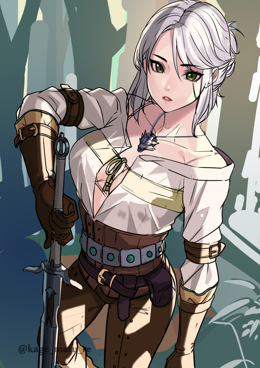 1girl absurdres breasts brown_pants ciri cleavage elbow_gloves gloves green_eyes highres jewelry kagematsuri leather leather_gloves leather_pants lips long_sword looking_at_viewer medium_breasts necklace pants scar scar_across_eye scar_on_face shirt solo sword the_witcher_(series) weapon white_hair white_shirt wolf_necklace
