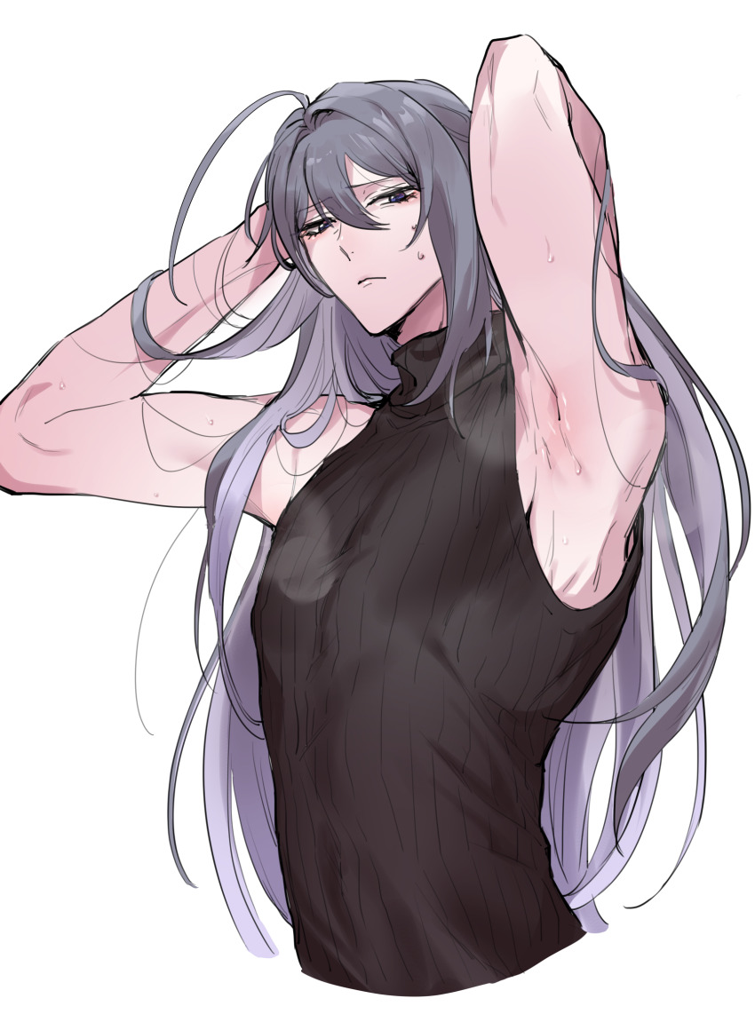 1boy ahoge arm_up armpits biceps black_sweater blue_eyes cropped_torso deltoids grey_hair hair_between_eyes hair_over_shoulder hands_in_own_hair highres huge_ahoge hypnosis_mic jinguji_jakurai long_hair looking_at_viewer male_focus mature_eyes multicolored_hair pale_skin pectorals presenting_armpit raised_inner_eyebrows ribbed_sweater sidepec simple_background sleeveless sleeveless_sweater solo steaming_body streaked_hair sweat sweatdrop sweater triceps turtleneck turtleneck_sweater very_long_hair white_background yunikuso