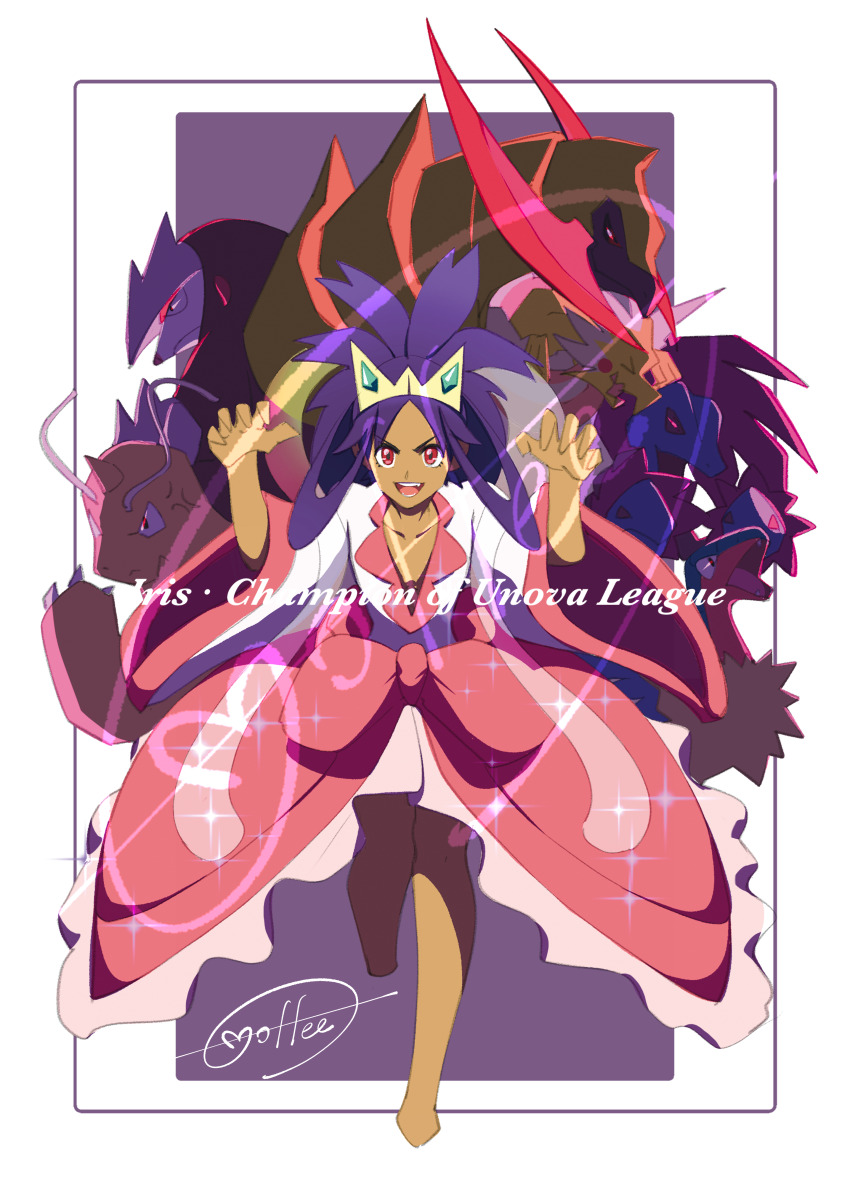 1girl :d absurdres archeops border cccacademia character_name claw_pose collarbone commentary_request dark-skinned_female dark_skin dracozolt dragonite excadrill gen_1_pokemon gen_5_pokemon gen_8_pokemon hair_rings hands_up haxorus highres hydreigon iris_(pokemon) long_hair looking_at_viewer nintendo open_mouth pink_skirt pokemon pokemon_(anime) pokemon_(creature) pokemon_journeys shirt signature skirt smile sparkle teeth tiara tongue white_border white_shirt wide_sleeves