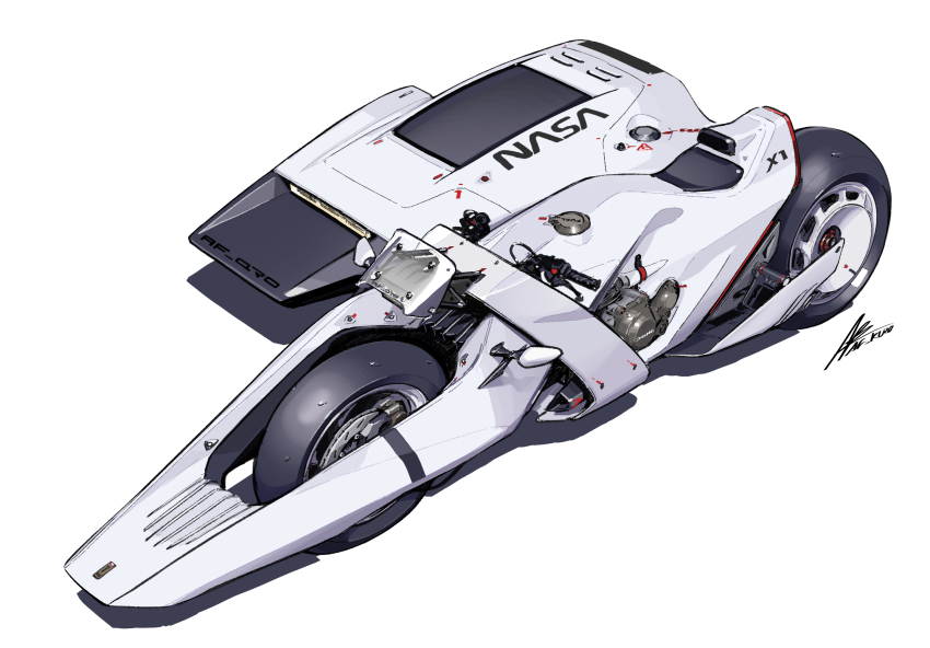 afukuro cable from_above highres logo motor_vehicle motorcycle nasa nasa_logo no_humans original science_fiction shadow sidecar signature simple_background vehicle_focus white_background