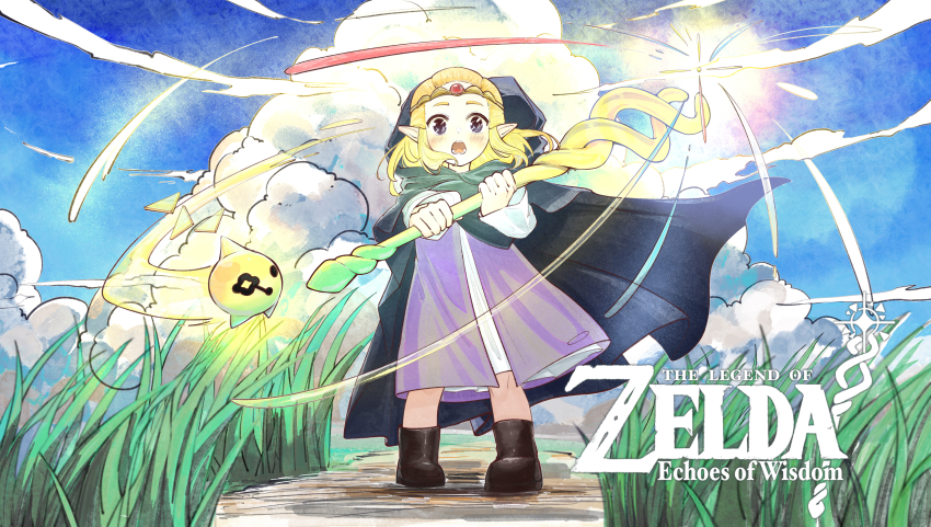 1girl absurdres black_cloak black_eyes blonde_hair blue_sky circlet cloak commentary_request copyright_name gem grass highres holding holding_staff hood hooded_cloak long_hair nintendo open_mouth outdoors pointy_ears princess_zelda red_gemstone road sky solo staff standing sun the_legend_of_zelda the_legend_of_zelda:_echoes_of_wisdom tri_(zelda) yoco45rkgk