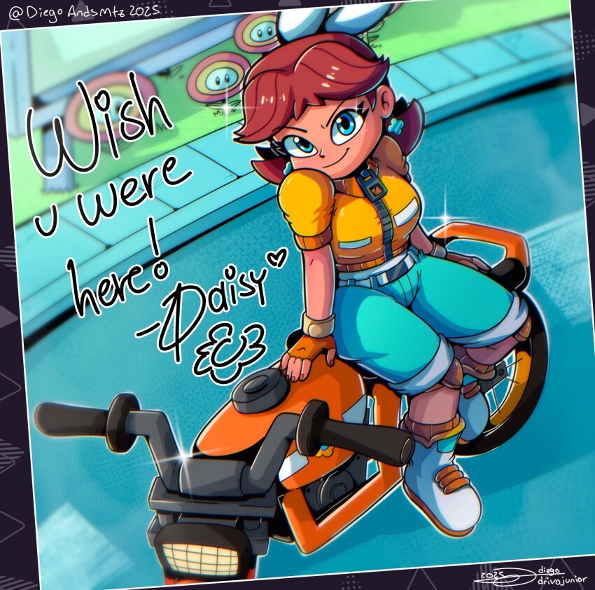 1girl 2025 blue_eyes brown_hair diegoandsmtz fingerless_gloves fire_flower full_body gloves highres mario_(series) mario_kart mario_kart_world motor_vehicle motorcycle nintendo photo_(object) princess_daisy princess_daisy_(touring) shoes signature sitting solo sparkle white_shoes zipper_pull_tab
