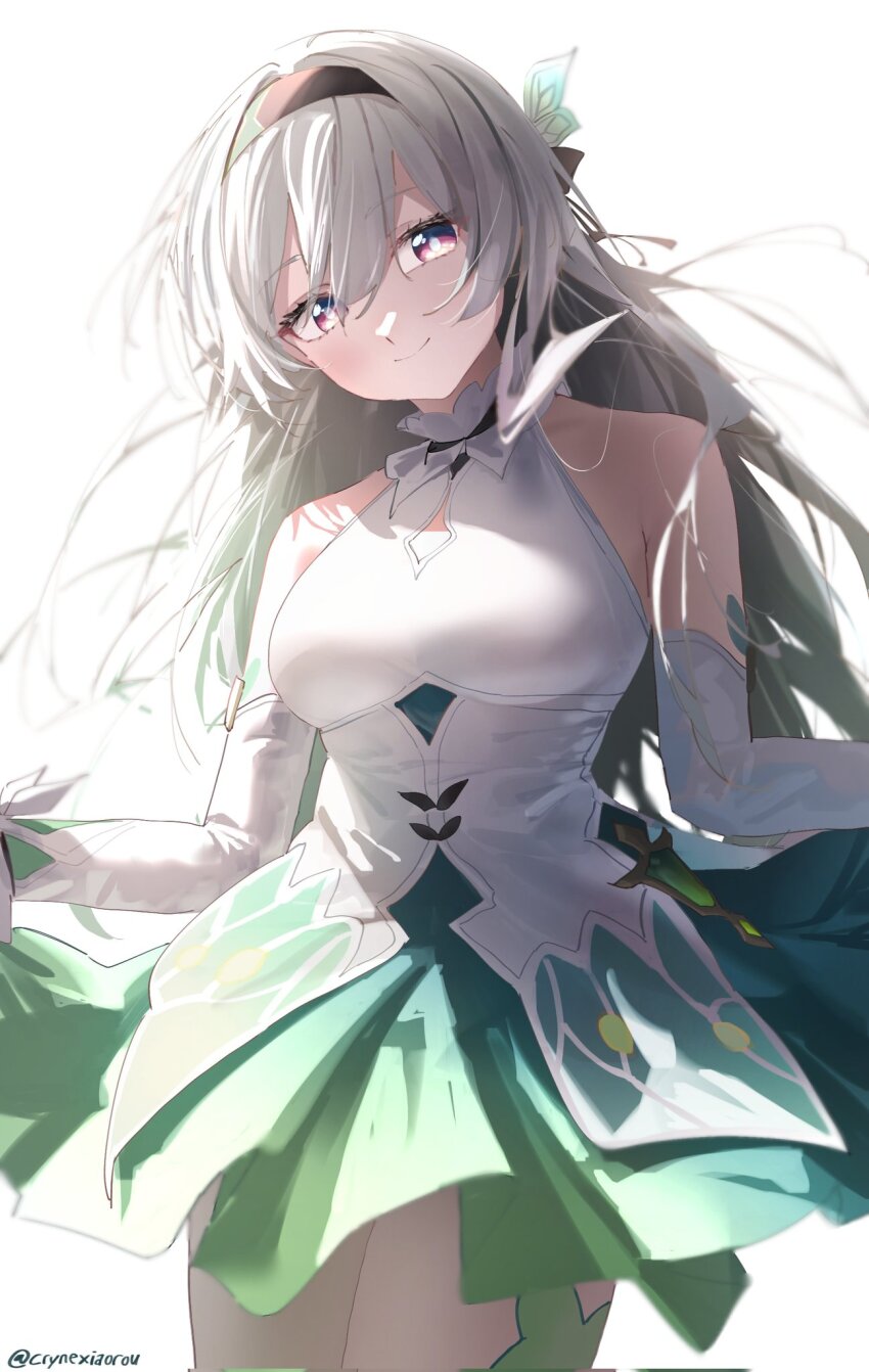 1girl bare_shoulders black_bow black_hairband blue_eyes bow breasts closed_mouth commentary corrupted_twitter_file cowboy_shot cryne detached_sleeves english_commentary firefly_(honkai:_star_rail) frilled_shirt_collar frills gradient_hair green_hair green_skirt grey_hair hair_bow hairband highres honkai:_star_rail honkai_(series) light_blush long_hair looking_at_viewer medium_breasts multicolored_eyes multicolored_hair no_jacket pink_eyes shirt simple_background skirt smile solo thighs twitter_username very_long_hair white_background white_shirt