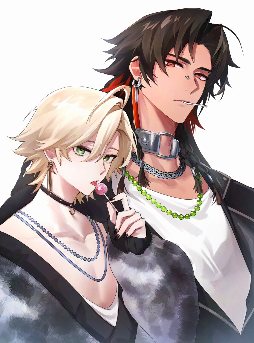 2boys absurdres ahoge alternate_costume asura_(onmyoji) bishounen black_hair black_jacket black_nails blonde_hair bridge_piercing candy chain chain_necklace choker commentary curtained_hair earrings face_piercing food green_eyes height_difference highres holding holding_candy holding_food holding_lollipop jacket jewelry konsai_2 lollipop long_hair long_sleeves looking_at_viewer male_focus multicolored_hair multiple_boys nail_polish necklace onmyoji pearl_necklace piercing red_eyes red_hair shirt short_hair simple_background streaked_hair symbol-only_commentary taishakuten_(onmyoji) teeth tongue tongue_out two-tone_hair upper_body white_background white_shirt