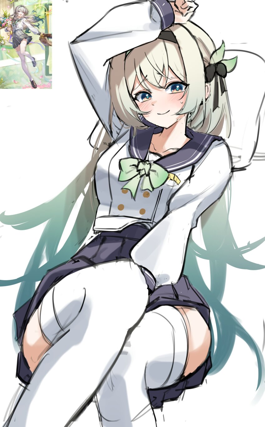 1girl absurdres black_hairband black_ribbon blue_sailor_collar blue_skirt blush bow bowtie buttons closed_mouth collared_shirt double-breasted firefly_(honkai:_star_rail) firefly_(spring_missive)_(honkai:_star_rail) gradient_hair green_bow green_bowtie green_pupils grey_hair hair_between_eyes hair_intakes hair_ribbon hairband highres honkai:_star_rail honkai_(series) kimae long_hair long_sleeves multicolored_eyes multicolored_hair pleated_skirt ribbon sailor_collar shirt simple_background skirt smile solo sweatdrop thighhighs two-tone_eyes white_background white_shirt white_sleeves white_thighhighs