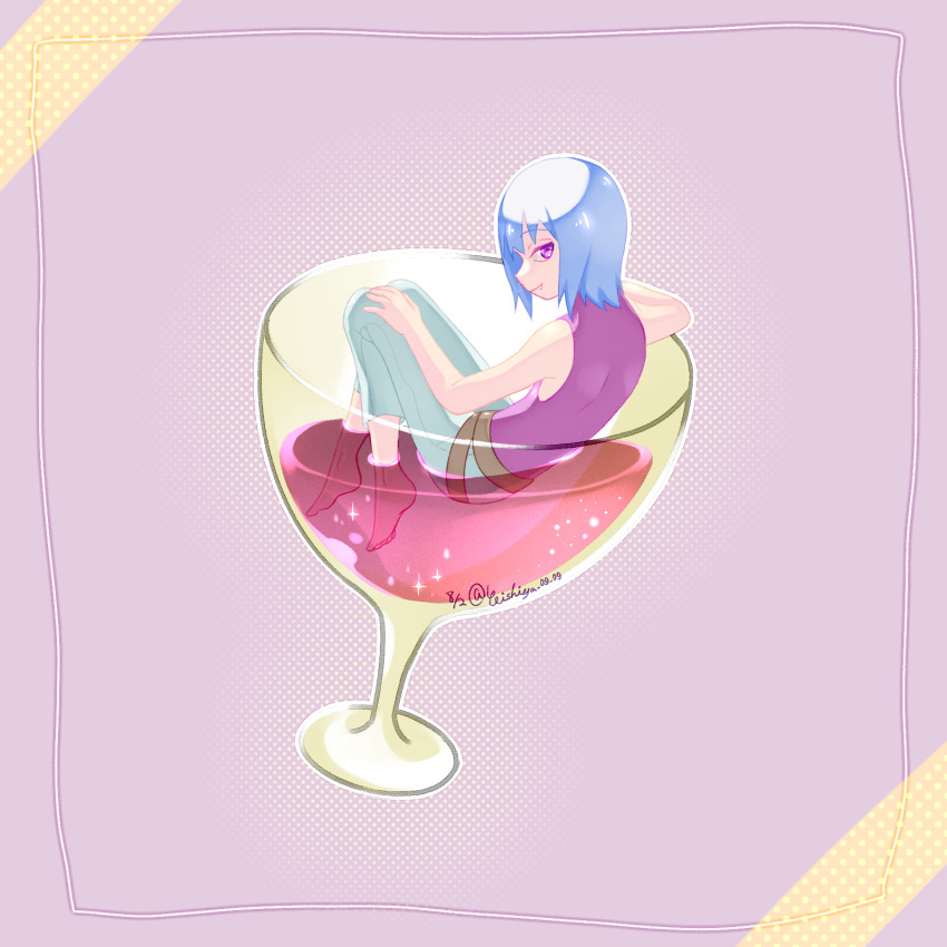 barefoot belt brown_belt cup drinking_glass hand_on_own_knee highres hoozuki_suigetsu looking_at_viewer lying male_focus naruto_(series) naruto_shippuuden purple_eyes purple_shirt red_liquid shirt sitting_in_cup sleeveless sleeveless_shirt smile solo spiked_hair tooth_sticking_out_of_mouth wine_glass yoshiya0909