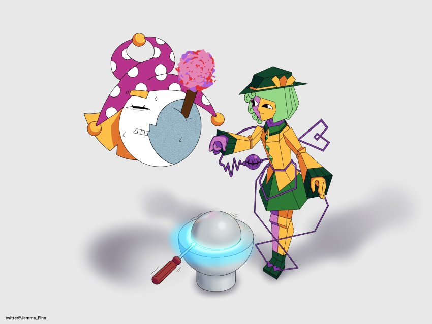 2girls beryllium_(element) black_eyes blonde_hair blouse blue_skin bow brown_headwear buttons cherenkov_radiation clownpiece colored_skin crescent crescent_moon demon_core diamond_button ena_(ena) ena_(series) eyeball floating fusion glowing green_hair hat hat_bow hat_ribbon heart heart_of_string highres jemma_finn jester_cap komeiji_koishi light_green_hair medium_hair moon moony_(ena) multicolored_skin multiple_girls no_pupils nuclear_power plutonium polka_dot low_poly radiation radioactive ribbon screwdriver shadow shirt simple_background standing stitched_eye sweat teeth third_eye torch touhou two-tone_skin wavy_hair white_background yellow_bow yellow_ribbon yellow_shirt yellow_skin