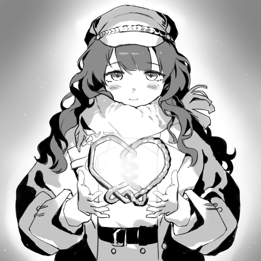 1girl belt coat dress grey_background guni_(9guniguni) hands_up hat highres hofmann_knot long_hair looking_at_viewer marcus_(reverse:1999) mole mole_under_eye newsboy_cap reverse:1999 scarf smile solo upper_body