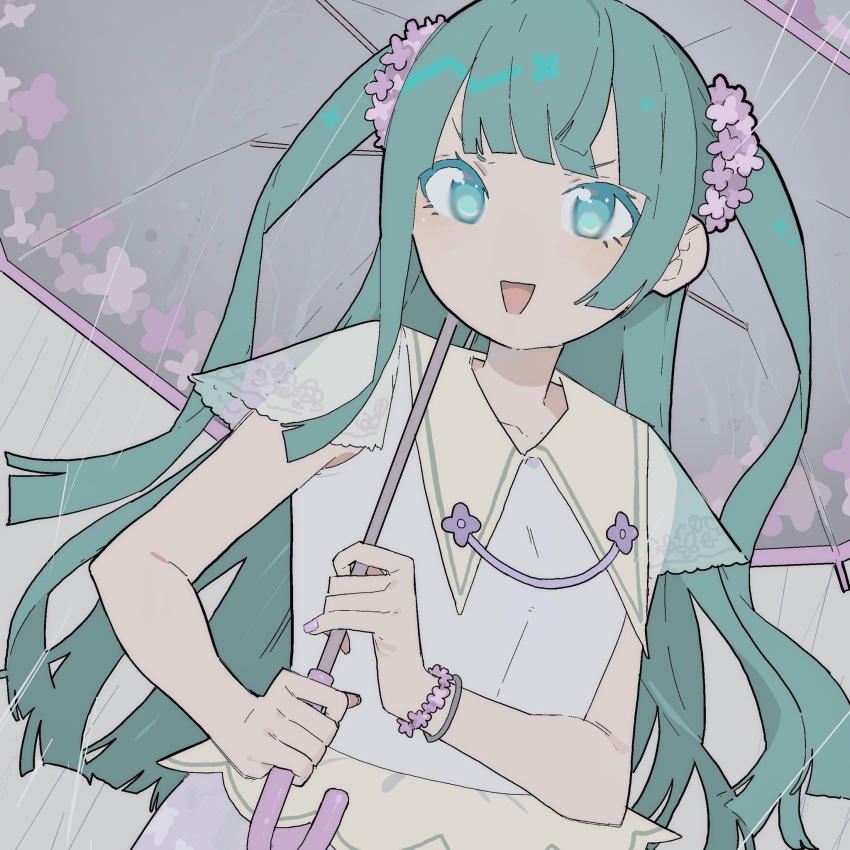 1girl :d bad_id bad_twitter_id blue_eyes blunt_bangs bracelet collared_dress commentary_request dress flower green_hair grey_background grey_umbrella hair_flower hair_ornament highres holding holding_umbrella jewelry kemura_(puripurinea) long_hair looking_at_viewer open_mouth pink_flower pretty_series pripara rain short_sleeves smile solo standing tsukikawa_chili two_side_up umbrella