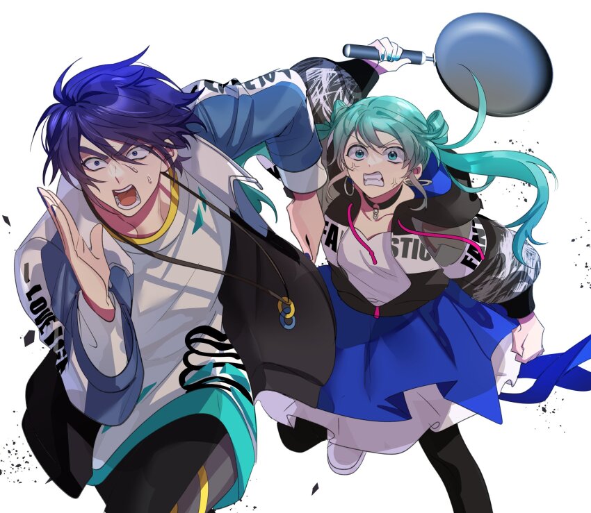 anger_vein angry aqua_eyes aqua_hair aqua_nails black_hoodie black_pants black_pantyhose blue_eyes blue_hair blue_skirt chasing choker clenched_teeth commentary_request constricted_pupils fleeing frying_pan grey_hoodie hatsune_miku highres holding_pan hood hoodie imminent_hit kaimiku_yummy kaito_(vocaloid) korean_commentary official_alternate_costume open_clothes open_hoodie open_mouth pants pantyhose petticoat project_sekai running scared shirt single_horizontal_stripe single_stripe skirt sweater teeth twintails two-tone_hoodie vivid_bad_squad_kaito vivid_bad_squad_miku vocaloid white_shirt zipper