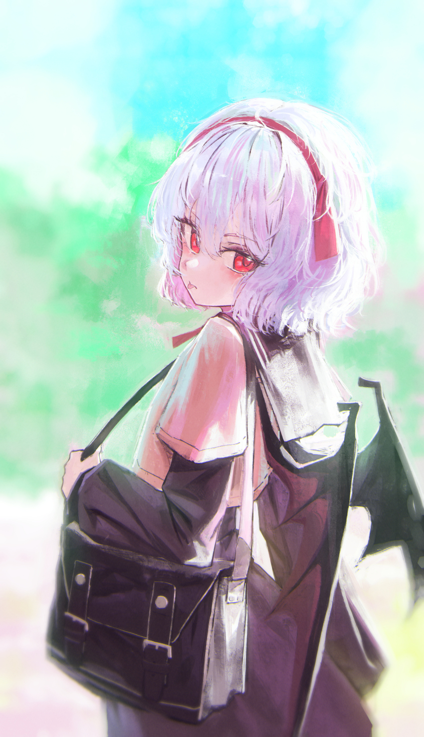 1girl absurdres alternate_costume bag bat_wings black_skirt black_sleeves commentary from_behind hairband highres looking_at_viewer looking_back medium_hair nepperoni purple_hair red_eyes remilia_scarlet school_bag school_uniform shirt skirt solo tongue tongue_out touhou vampire white_shirt wings