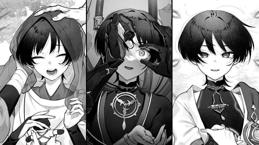 3boys anemo_symbol_(genshin_impact) armor bandaged_arm bandages blunt_ends bodysuit bracelet buku2_suisou cable cape closed_eyes constricted_pupils curled_fingers doll eyelid_pull fingernails flashlight flashlight_beam genshin_impact hair_between_eyes headpat highres holding holding_flashlight holding_hands japanese_armor japanese_clothes jewelry kariginu kimono kote loose_hair_strand mandarin_collar mitsudomoe_(shape) monochrome multiple_boys multiple_persona open_clothes open_hands open_kimono open_mouth parted_bangs pinching_gesture scaramouche_(genshin_impact) scaramouche_(kabukimono)_(genshin_impact) sharp_fingernails shoulder_peek stuffed_toy teeth tomoe_(symbol) veil vision_(genshin_impact) wanderer_(genshin_impact)