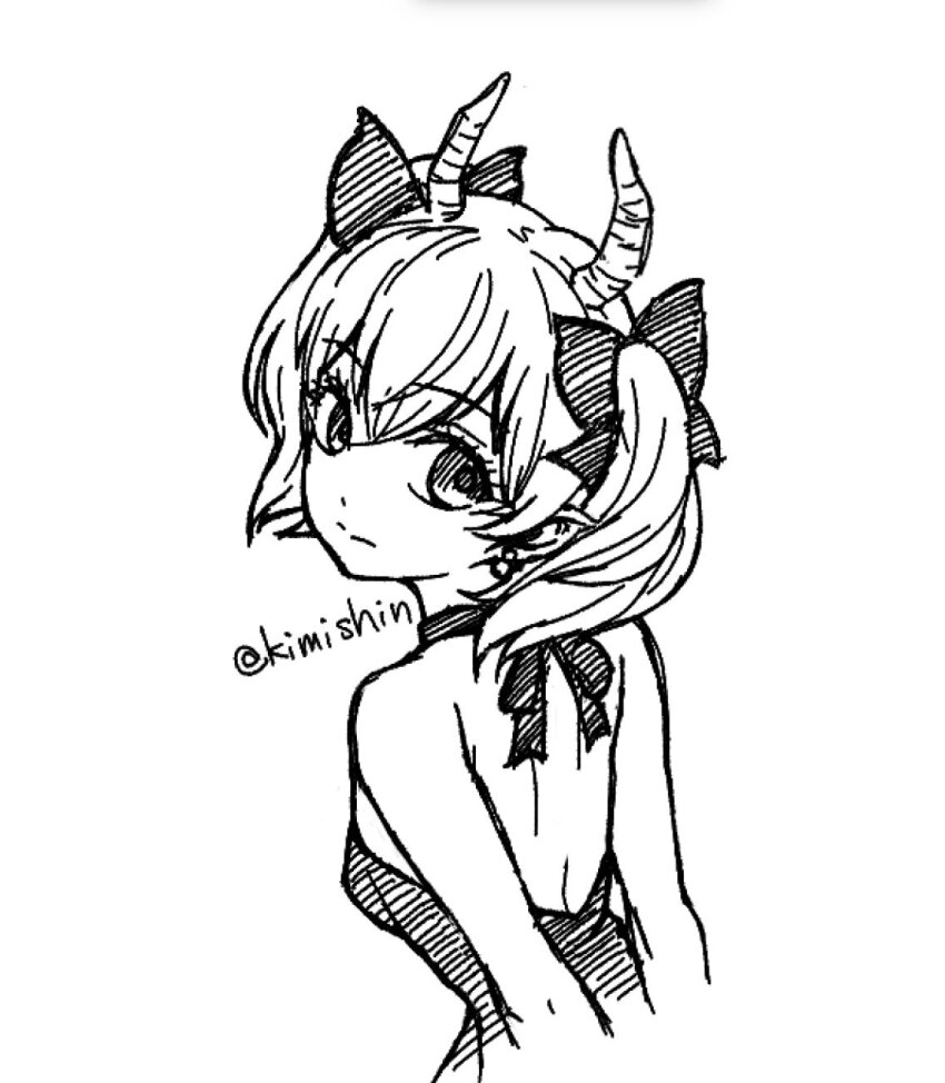 1girl breasts demon_horns empty_eyes expressionless from_behind hatching_(texture) highres horns kimishin linie_(sousou_no_frieren) looking_back monochrome small_breasts solo sousou_no_frieren twintails twitter_username upper_body