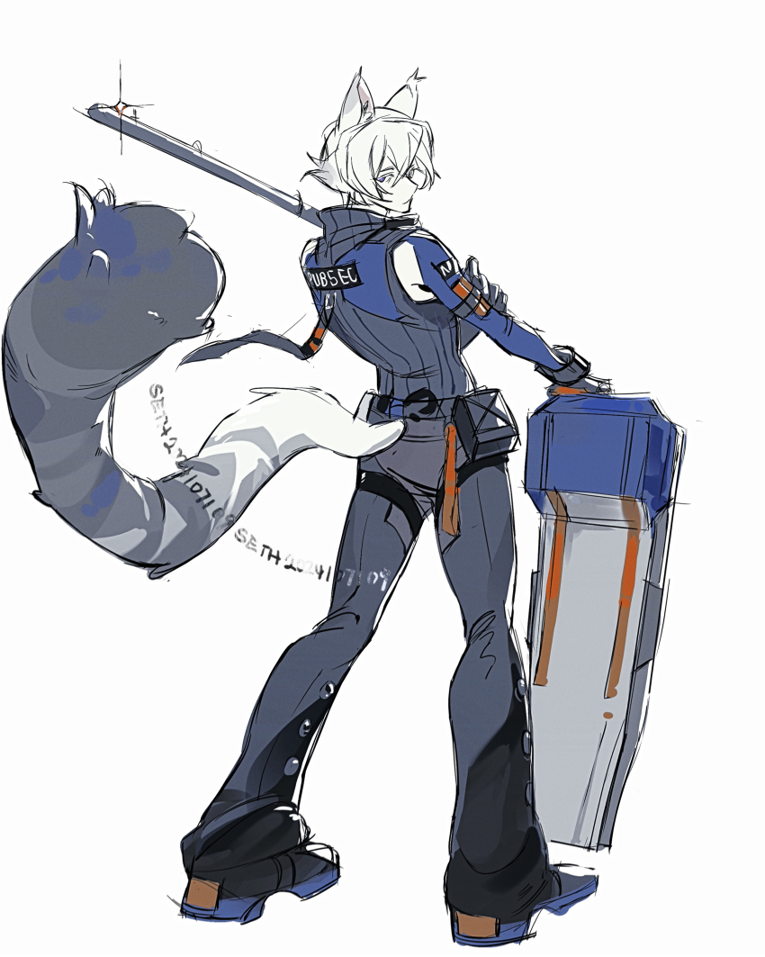 1boy absurdres animal_ears cat_boy cat_ears cat_tail gloves hair_between_eyes highres police police_uniform policeman purple_eyes seth_lowell short_hair simple_background tail white_background white_hair zenless_zone_zero