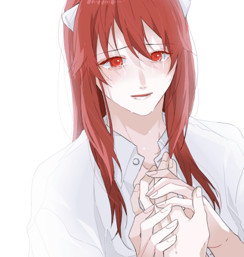 1girl crying crying_with_eyes_open elfen_lied holding_hands horns long_hair looking_at_another lucy_(elfen_lied) open_clothes open_shirt pink_hair red_eyes shirt simple_background solo tears user_tgdj7342 white_background white_shirt