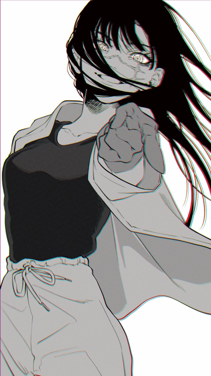 1girl absurdres chainsaw_man finger_gun grin haru_rice highres jacket looking_at_viewer pants pointing pointing_at_viewer ringed_eyes scar scar_on_face scar_on_nose shirt smile solo sweatpants teeth yoru_(chainsaw_man)