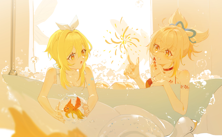2girls alternate_costume arm_tattoo bare_shoulders bathroom bathtub bikini blonde_hair chest_tattoo choker clenched_teeth collarbone fish genshin_impact hair_ribbon highres indoors koi looking_at_another lumine_(genshin_impact) multiple_girls open_mouth orange_bikini orange_eyes orange_hair pointing red_choker ribbon same-sex_bathing shared_bathing swan_boat swimsuit tattoo teeth topknot upper_body water white_bikini window yaner_10 yellow_eyes yoimiya_(genshin_impact) yuri
