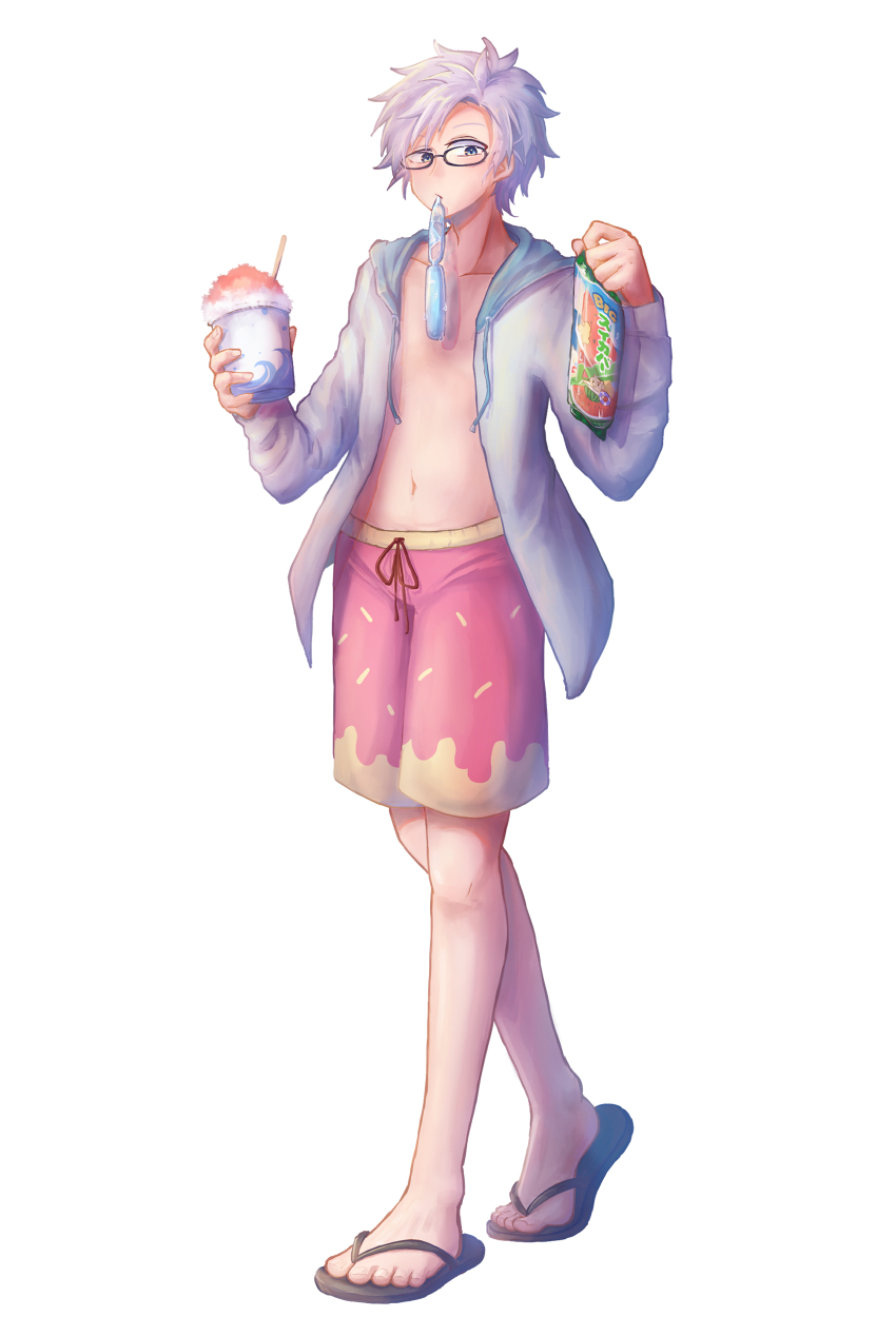 1boy absurdres alternate_costume black_sandals commentary_request drawstring food full_body glasses grey_hair grey_jacket highres hood hood_down hooded_jacket jacket kanou_aogu long_sleeves male_focus male_swimwear navel no_shirt open_clothes open_jacket pink_male_swimwear saibou_shinkyoku sandals semi-rimless_eyewear shaved_ice short_hair simple_background solo swim_trunks wakasoba white_background