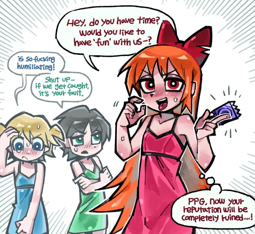 3boys alternate_costume alternate_hair_length alternate_hairstyle bare_shoulders black_hair blonde_hair blue_eyes blue_nightgown blush boomer_(ppg) brick_(ppg) butch_(ppg) chillup_boy condom green_eyes green_nightgown hair_ribbon holding holding_condom long_hair male_focus multiple_boys nightgown orange_hair parted_bangs powerpuff_girls red_eyes red_nightgown red_ribbon ribbon rowdyruff_boys simple_background spiked_hair sweat sweatdrop tongue tongue_out twintails white_background