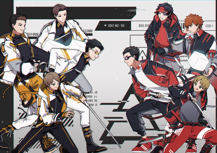 2_0_hatsu 6+boys :q adapted_costume belt black_footwear black_hair black_shirt blonde_hair blue_eyes boots brown_hair charging_forward collared_shirt cube dress_shirt faceoff fighting_stance glowing goggles gradient_clothes grey_background grey_jacket grey_pants grey_shirt gun hand_up highres holding holding_gun holding_sword holding_weapon hood hood_down hooded_jacket ikoma_tatsuhito jacket kanda_tadaomi knee_boots kurauchi_kazuki lace-up_boots light_brown_hair long_sleeves looking_at_another looking_away looking_to_the_side minamisawa_kai mizukami_satoshi_(world_trigger) multicolored_hair multiple_boys o-ring off_shoulder oki_kouji on_one_knee open_clothes open_jacket orange_hair ouji_kazuaki pants pocket profile ready_to_draw red_footwear red_headwear red_jacket red_shirt rifle scabbard sheath shirt shoes short_hair smile sneakers sniper_rifle swept_bangs sword tight_clothes tight_shirt tongue tongue_out two-tone_hair uniform unsheathed visor_cap weapon white_jacket white_pants world_trigger yellow_pants yuba_takuma
